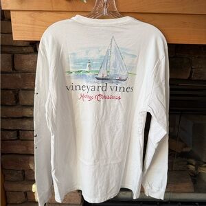 Men’s Vineyard Vines White Pocket Tee Merry Christmas with Sailboat Size Medium